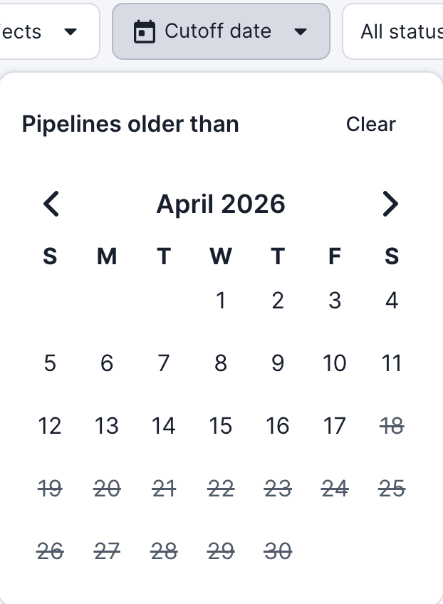 Cutoff date filter showing Pipelines older than calendar with Clear button